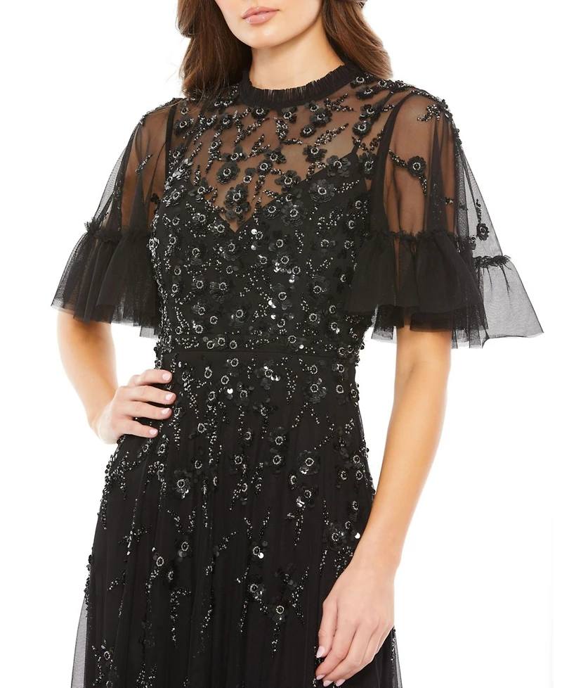 Mac Duggal Women's Ruffled Floral Embellished Flutter Sleeve A-Line Gown