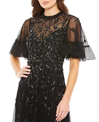 Mac Duggal Women's Ruffled Floral Embellished Flutter Sleeve A-Line Gown