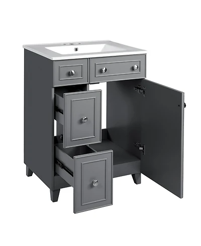 Casainc 24" Bathroom Vanity Cabinet with Ceramic Sink, 2 Drawers and 1 Soft-Close Door