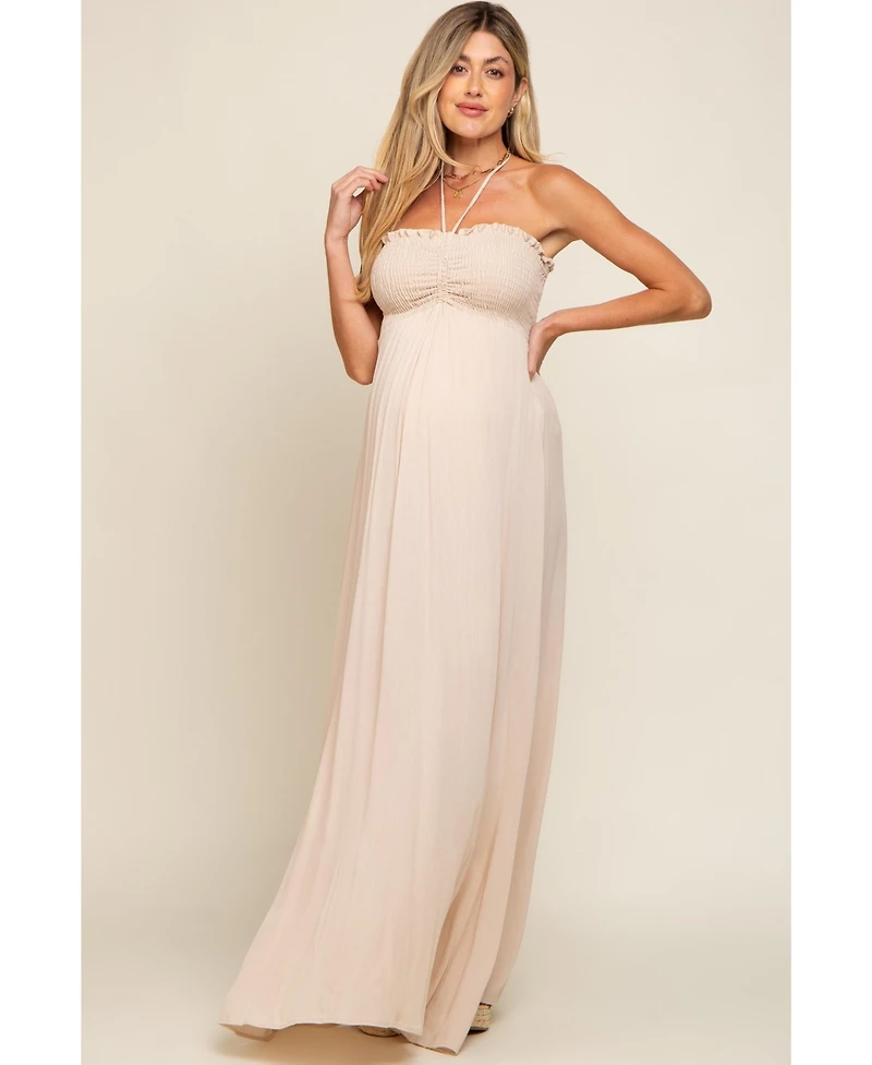 Pinkblush Maternity Beige Smocked Halter Maxi Dress