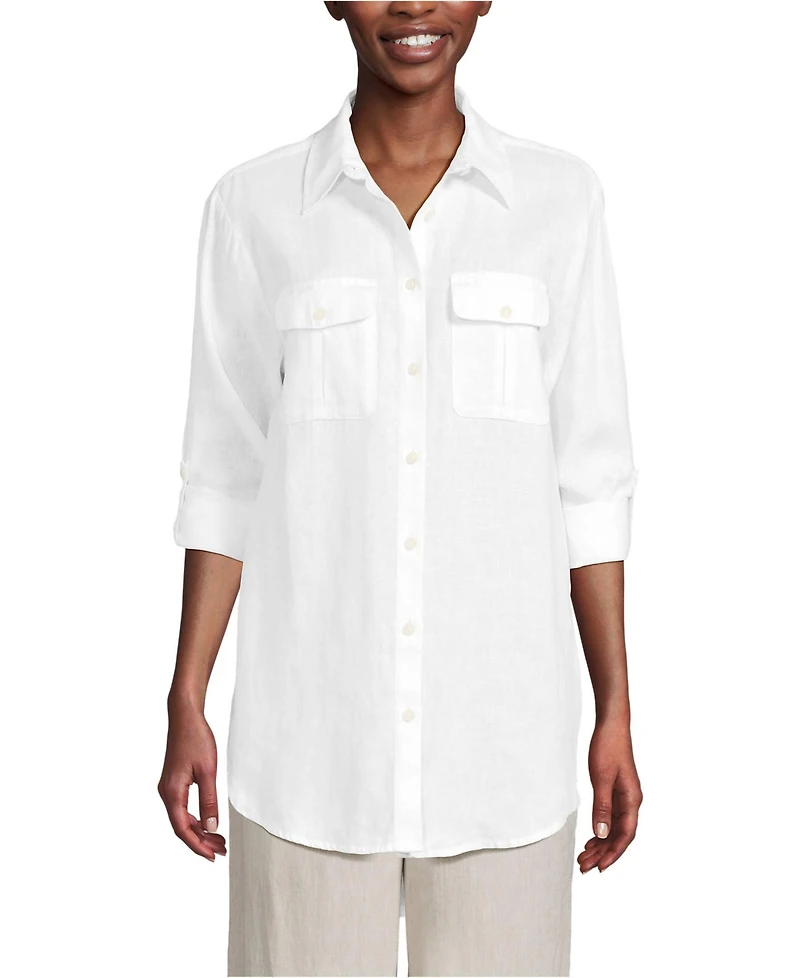Lands' End Women's Linen Roll Sleeve Relaxed Tunic Top