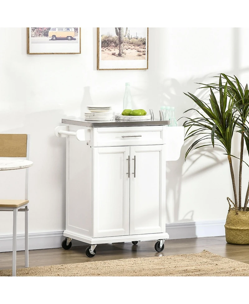 Halifax North America White Kitchen Cart: Stainless Top, Drawer, Towel/Spice Rack, Wheeled
