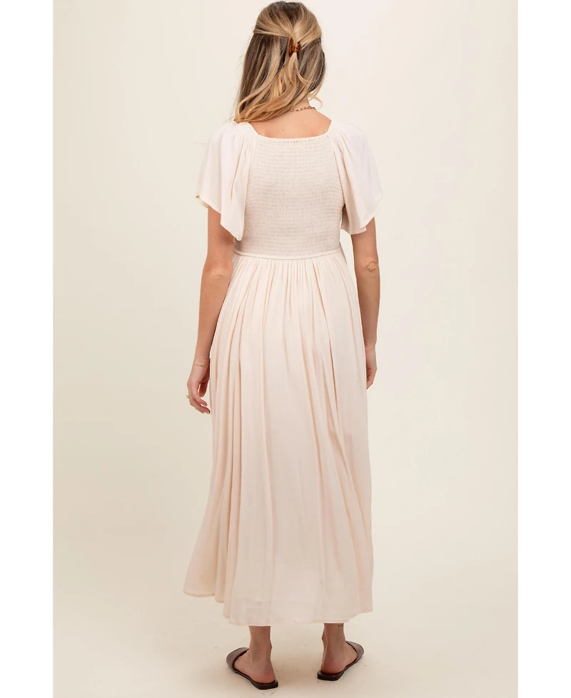 Pinkblush Maternity Cream V-Neck Flutter Short Sleeve Midi Dress