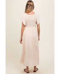 Pinkblush Maternity Cream V-Neck Flutter Short Sleeve Midi Dress