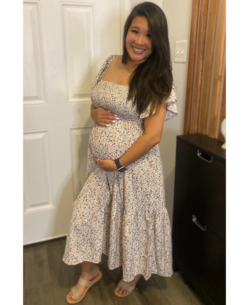 Cream Floral Flutter Maternity Midi Dress