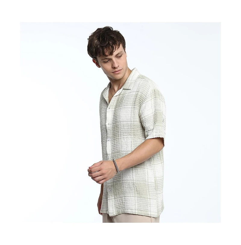 Campus Sutra Men's Greige & Ivory White Buffalo Check Oversized Shirt