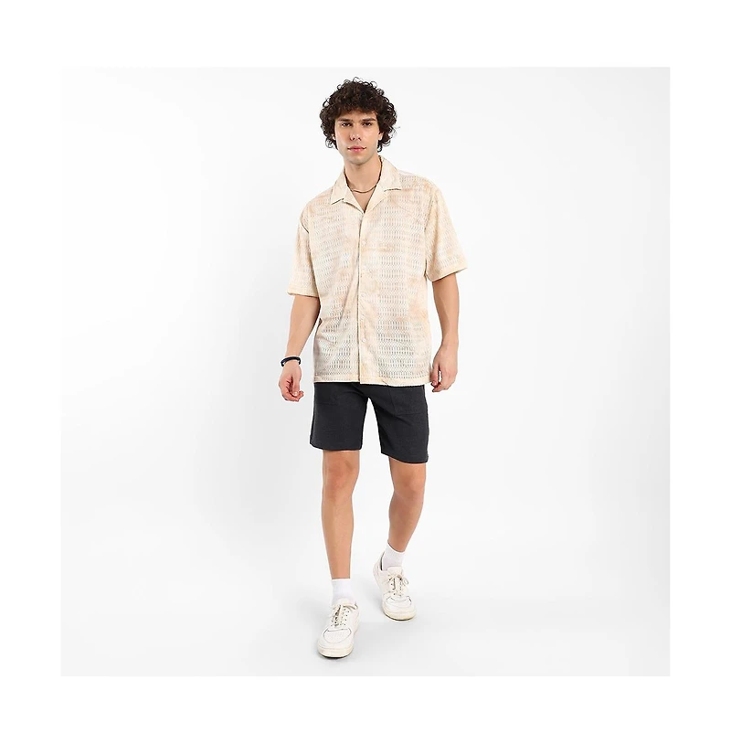 Campus Sutra Men's Tan Brown & Ivory White Faded Woven Oversized Shirt