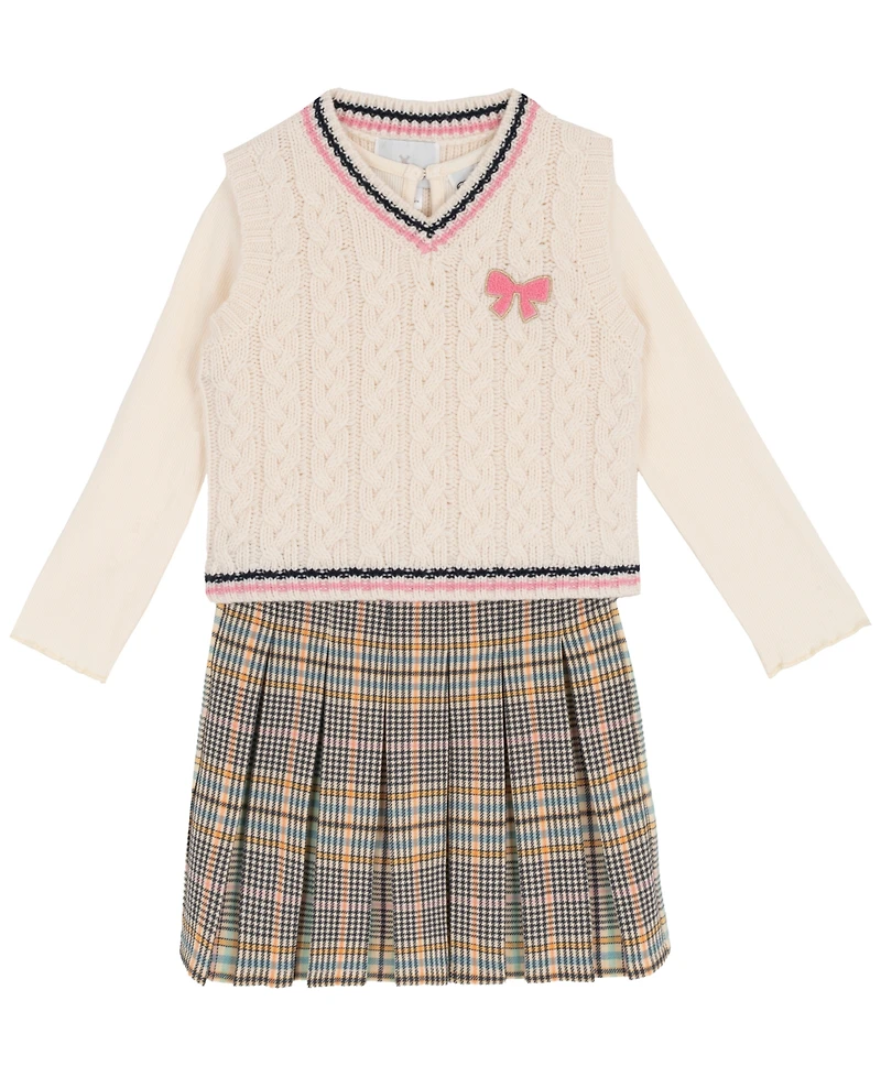 Rare Editions Little Girls' Plaid Skort Dress with Cable Knit Vest, 2 pc
