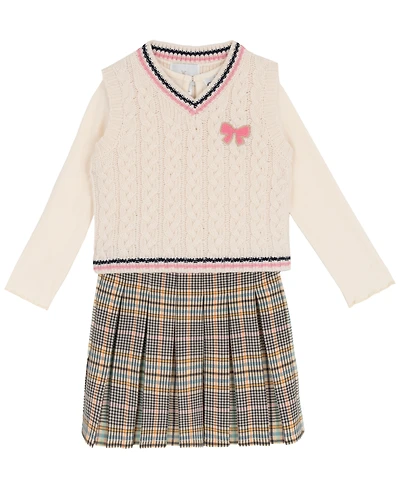 Rare Editions Little Girls' Plaid Skort Dress with Cable Knit Vest, 2 pc