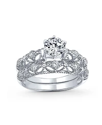 Bling Jewelry 1CT Round Cz Solitaire & Filigree Band Promise Ring Set in Sterling Silver