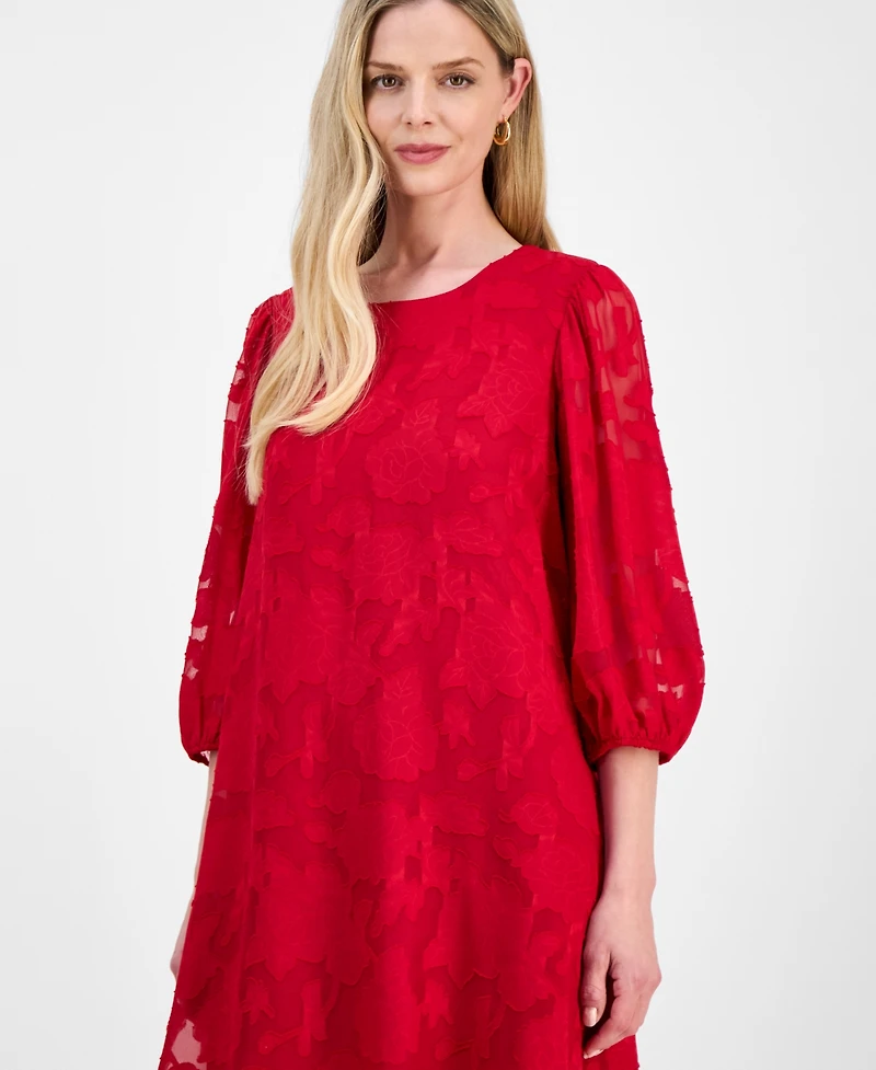 Robbie Bee Petite Floral Burnout Blouson-Sleeve Shift Dress