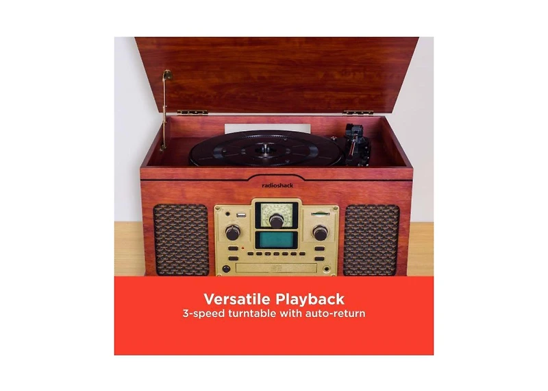 RadioShack 5W Classic Vintage 3 Speed Rpm Vynil Turntable, Cd Player, Bluetooth Out, Cassette Player, Sd Card, Rca & Fm Radio 4001791
