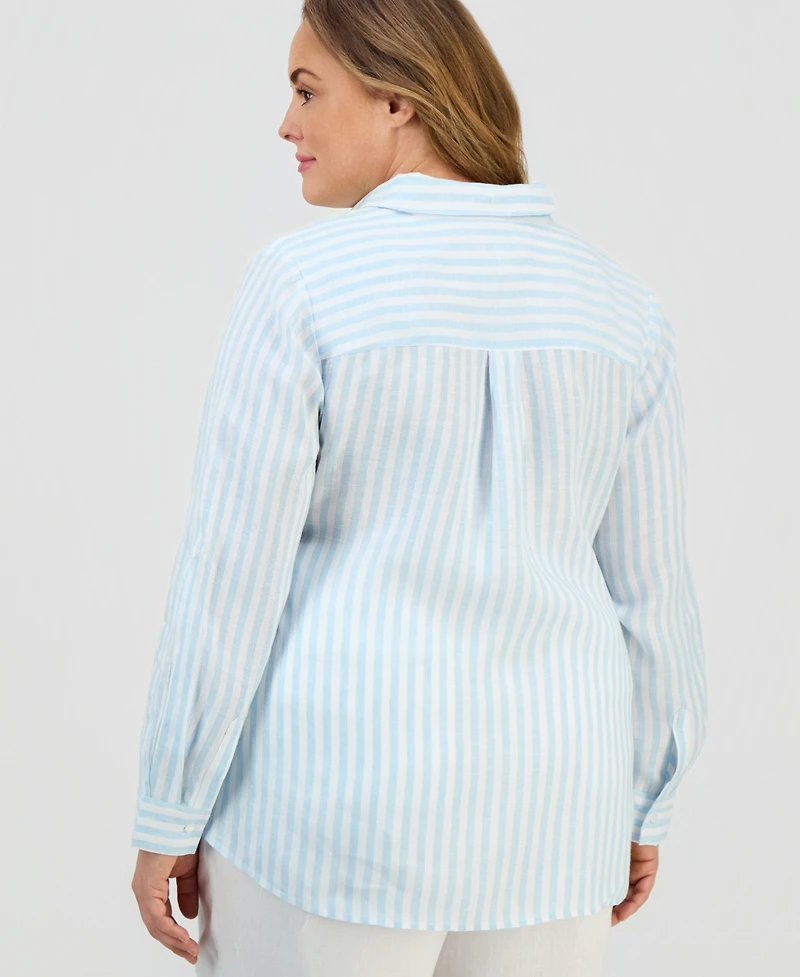 Charter Club Plus 100% Linen Striped Button-Front Shirt, Macy's Exclusive