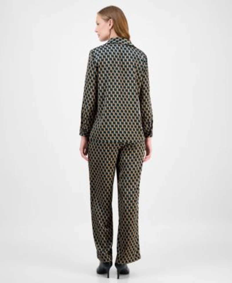 Anne Klein Womens Printed Blouse Wide Leg Pull On Pants