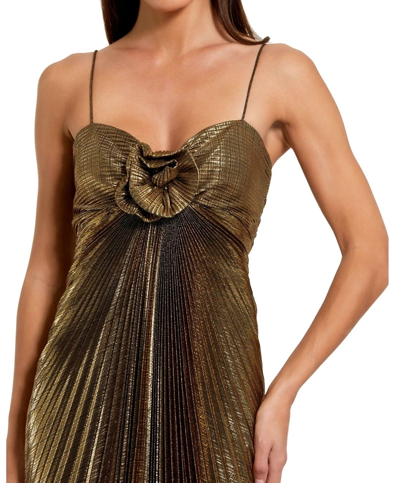 Mac Duggal Women's Thin Strap Pleated Metallic Gown With 3D Flower