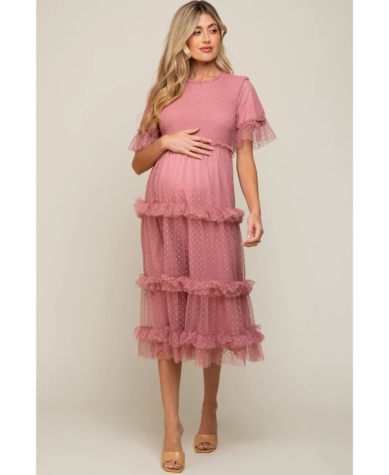 Pink Polka Dot Tulle Smocked Maternity Midi Dress