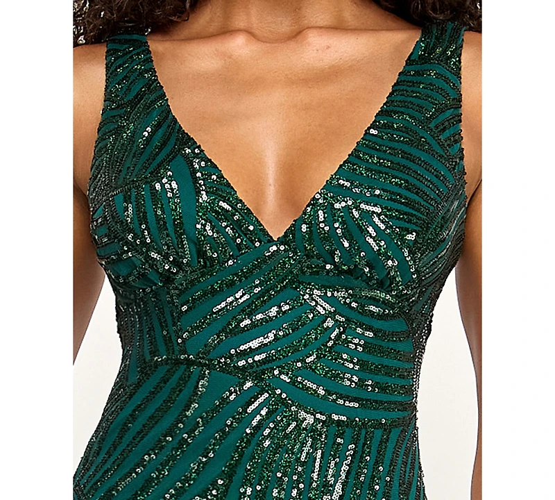 Seni & Cade Juniors' Sequin Plunge Neck Midi Low-Back Dress