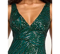 Seni & Cade Juniors' Sequin Plunge Neck Midi Low-Back Dress