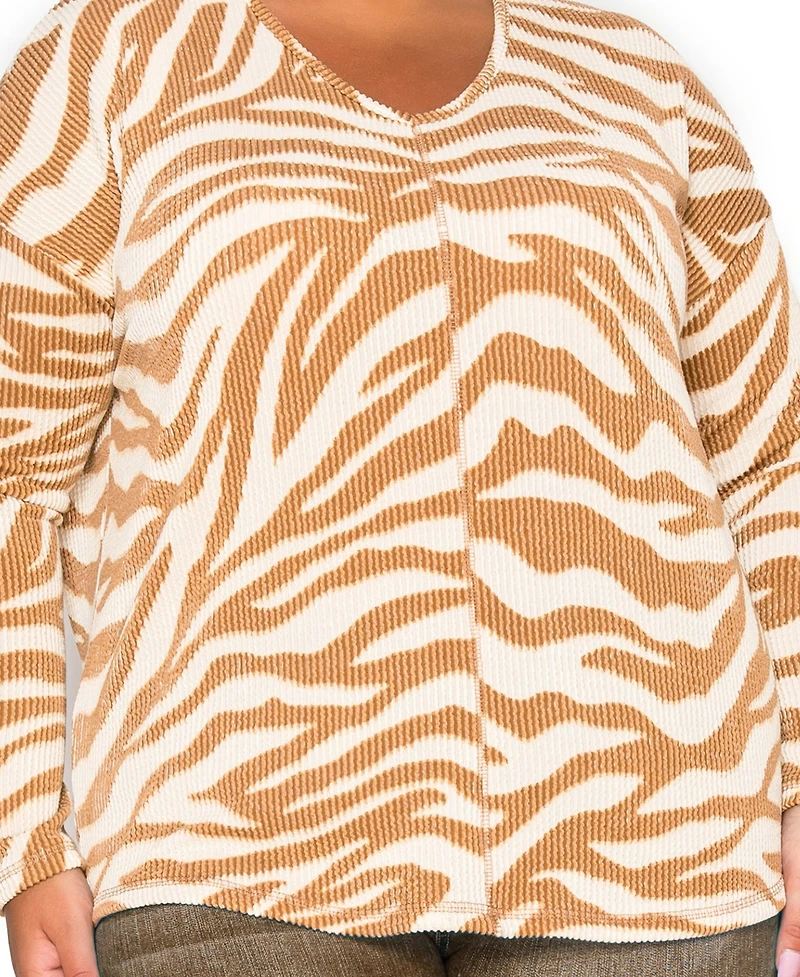 Coin 1804 Plus Textured Zebra V Neck Dolman Top
