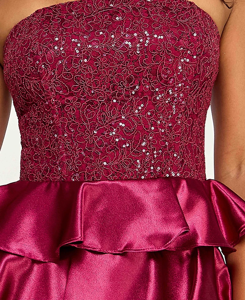 Seni & Cade Juniors' Strapless Satin Tiered Skirt Dress