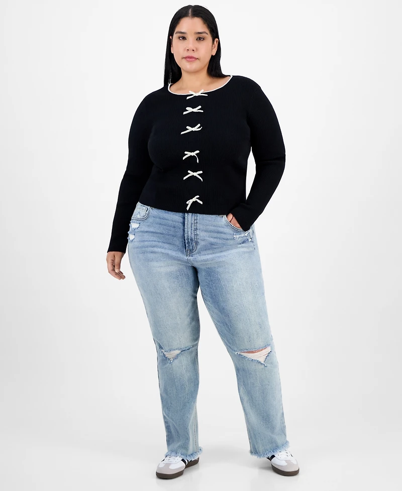 Madden Girl Trendy Plus Bow-Front Ribbed Crewneck Sweater