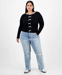 Madden Girl Trendy Plus Bow-Front Ribbed Crewneck Sweater