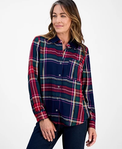 Style & Co Petite Festive Plaid Perfect Long-Sleeve Shirt, Macy's Exclusive