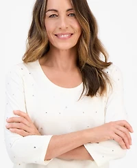 Jm Collection Petite Cotton Scoop-Neck Rhinestone 3/4-Sleeve Top, Macy's Exclusive