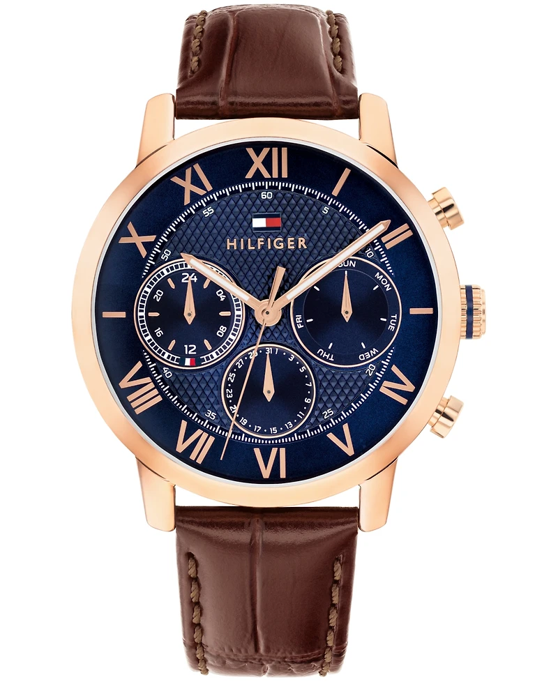 Tommy Hilfiger Men's Multifunction Dark Brown Leather Strap Watch, 42mm