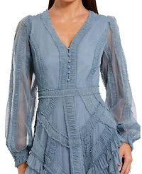 Mac Duggal Women's Long Sleeve V Neck Mesh Micro Ruffle Midi Dress