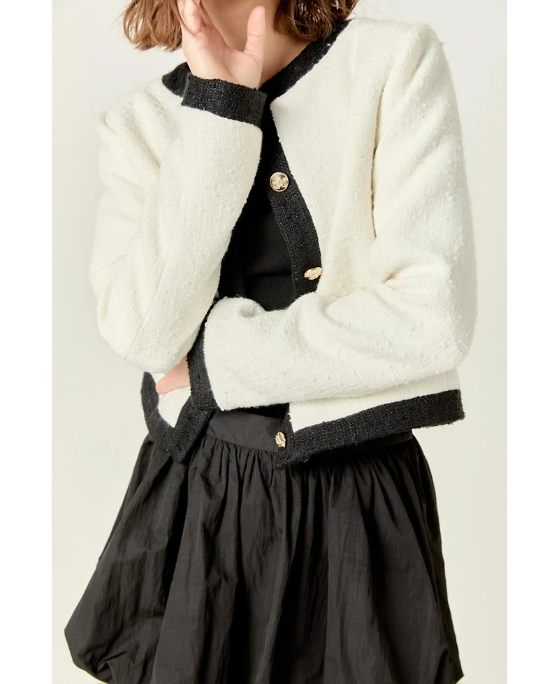 English Factory Women's White & Black Collarless Tweed Jacket
