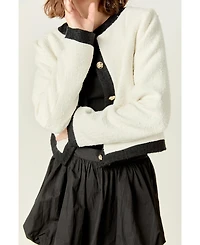 English Factory Women's White & Black Collarless Tweed Jacket