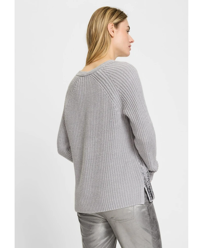 Olsen Women's V-Neck Sweater with Silver Foil Embellishment