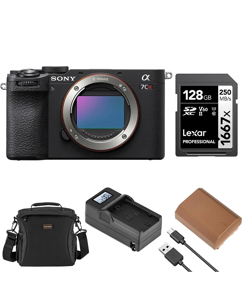 Sony Alpha a7CR Mirrorless Camera Body, Black, Bundle with Shoulder Bag, 128GB Sd Card, Extra Battery, Charger
