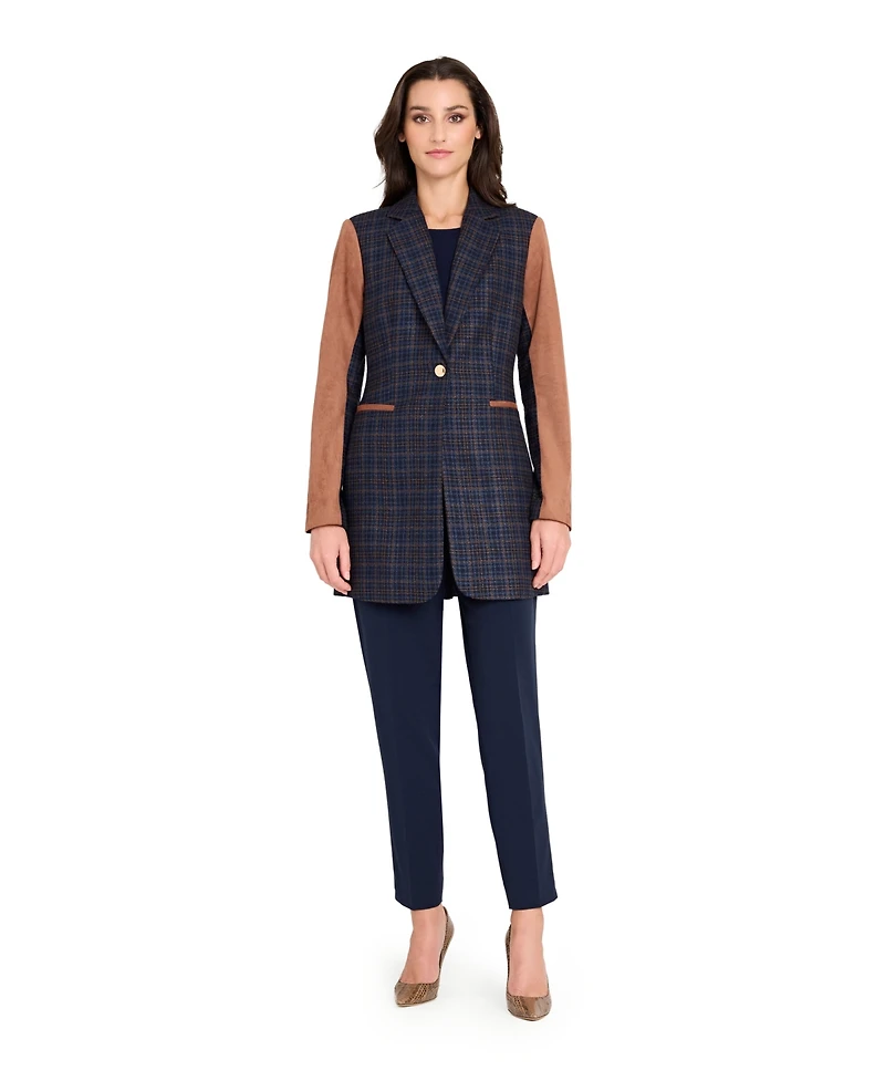 Tahari Asl Women's Mixed Media Plaid One-Button Jacket with Suede Sleeves