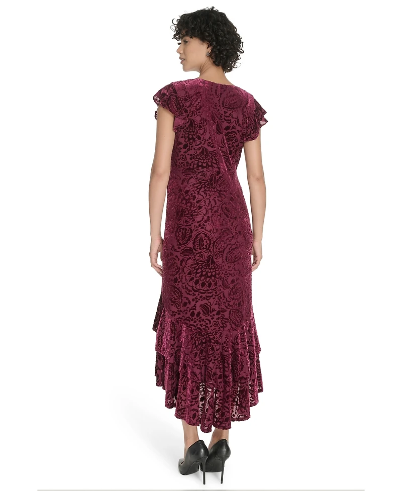 Tommy Hilfiger Women's Burnout Velvet Ruffled High-Low Dress