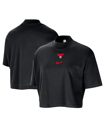 Nike Women's Black Chicago Bulls Courtside Mock Neck Loose Fit Cropped T-Shirt