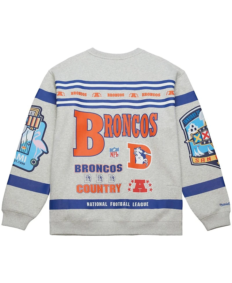 Mitchell & Ness Men's Heather Gray Denver Broncos All Over Print Fleece Crewneck Sweatshirt