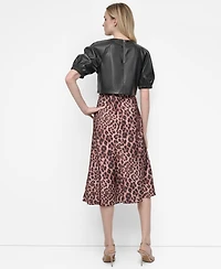 Dkny Women's Short Sleeve Jewel Neck Mixed Media Midi Dress