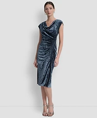 Dkny Women's Cap Sleeve Ruched Velvet Midi Dress