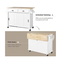Maison Boucle 52" Rolling Kitchen Island with Drop Leaf, Sliding Barn Door & Adjustable Storage, Mobile Cart with Towel & Spice Rack-Maison Boucle