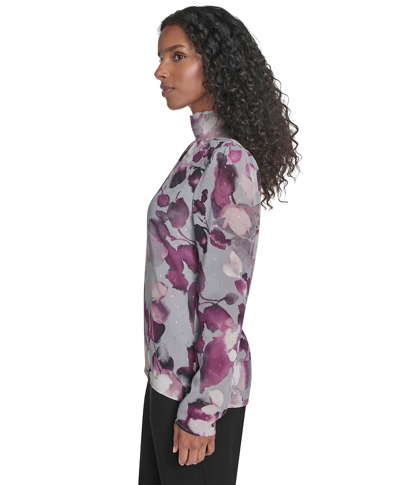 Calvin Klein Women's Mock Neck Long Sleeve Chiffon Blouse