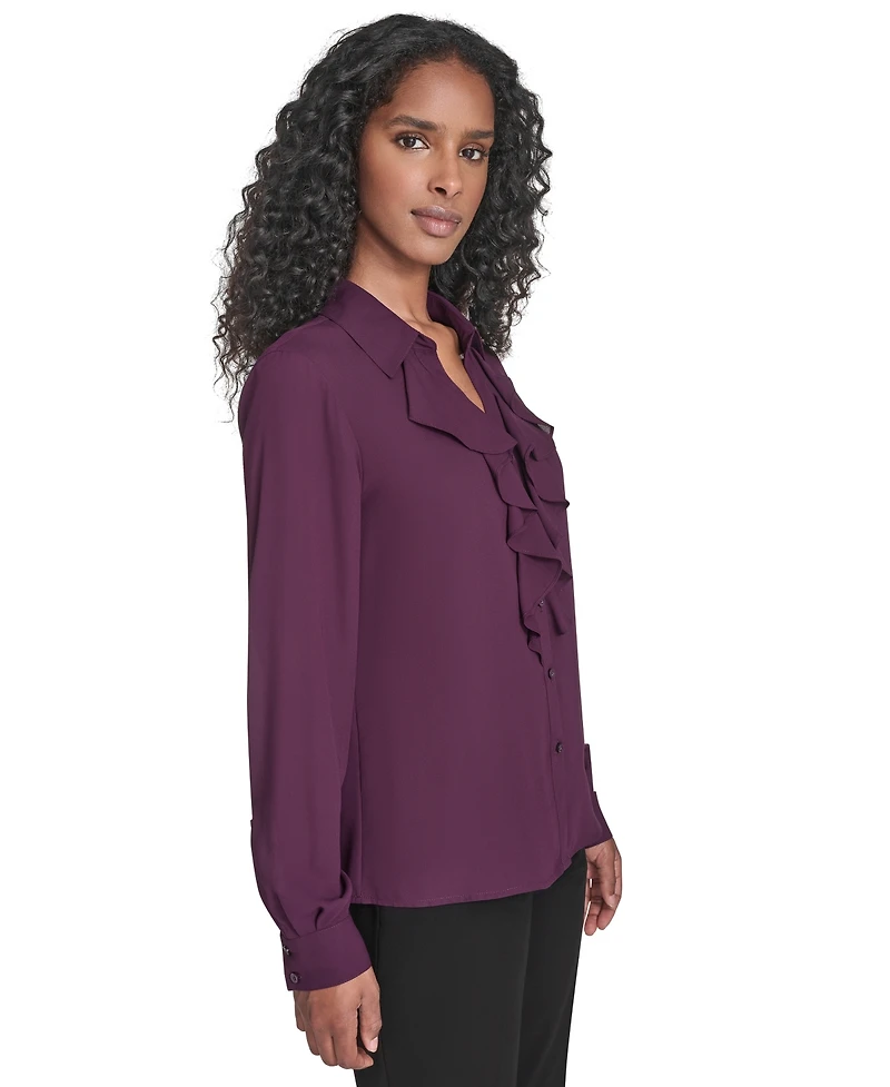 Calvin Klein Women's Solid Long Sleeve Ruffle Front Blouse