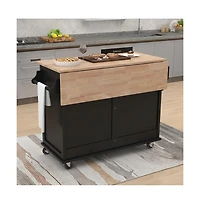 Maison Boucle 52" Rolling Kitchen Island with Drop Leaf, Sliding Barn Door & Adjustable Storage, Mobile Cart Towel Spice Rack-Maison