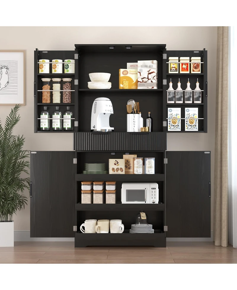 Streamdale Furniture 72" Fluted Pantry Cabinet - Keyboard Drawers & Adjustable Shelves Black