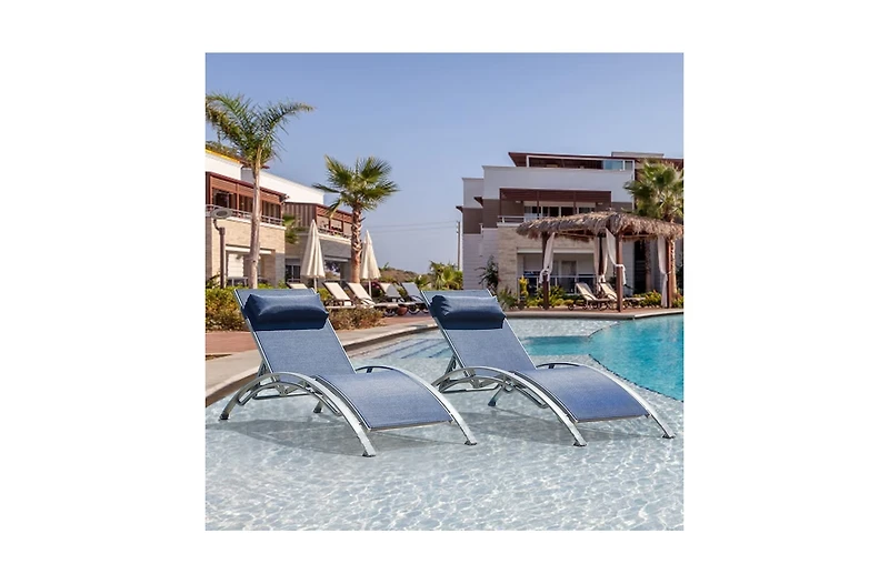 Clihome Outdoor Chaise Lounge Set of 2,Woven Stackable Gray Aluminum Frame Stationary Chaise Lounge Chair with Blue Woven Seat