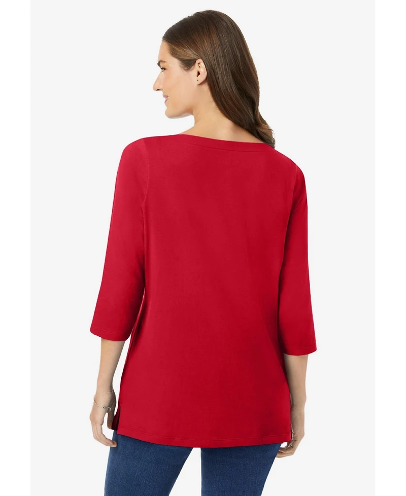 Woman Within Women's Perfect Three-Quarter Sleeve Boatneck Tee
