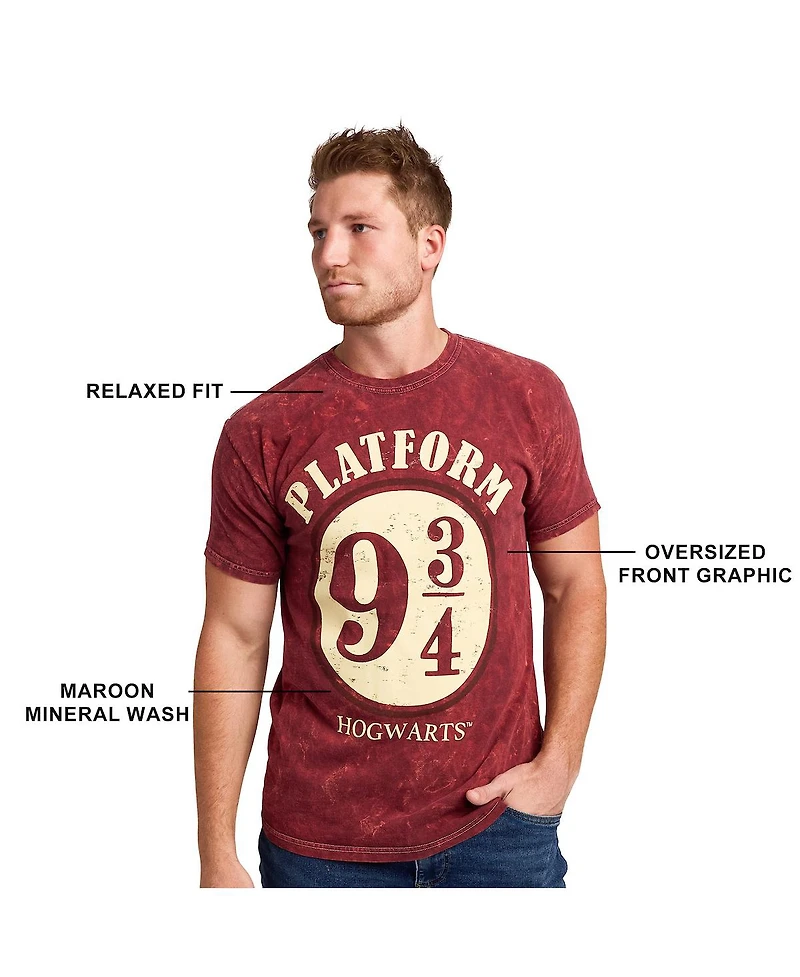 Harry Potter Men's Platform 9 ¾ Maroon Mineral Wash Crew Neck Short Sleeve