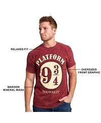Harry Potter Men's Platform 9 ¾ Maroon Mineral Wash Crew Neck Short Sleeve