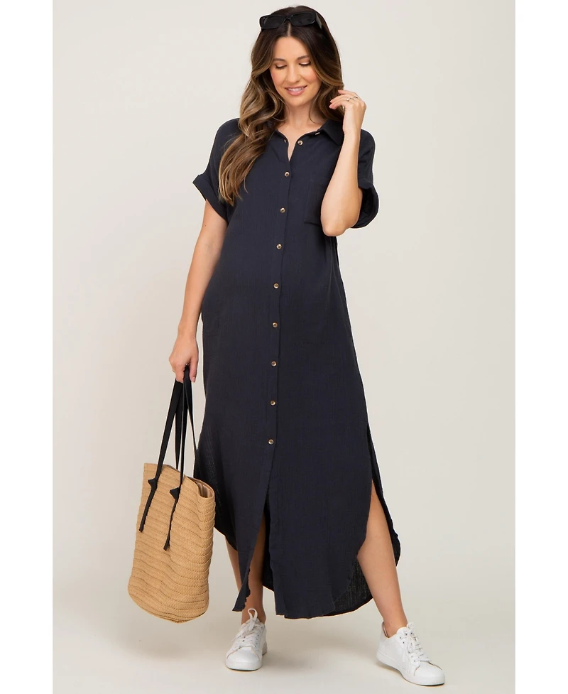 Pinkblush Maternity Charcoal Button Down Midi Dress